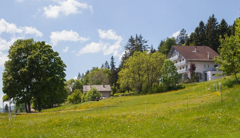 Das Erholungshotel für Frauen, Revital, auf dem Balcon du Jura aus einiger Entfernung durch eine grüne Wiese fotografiert.
